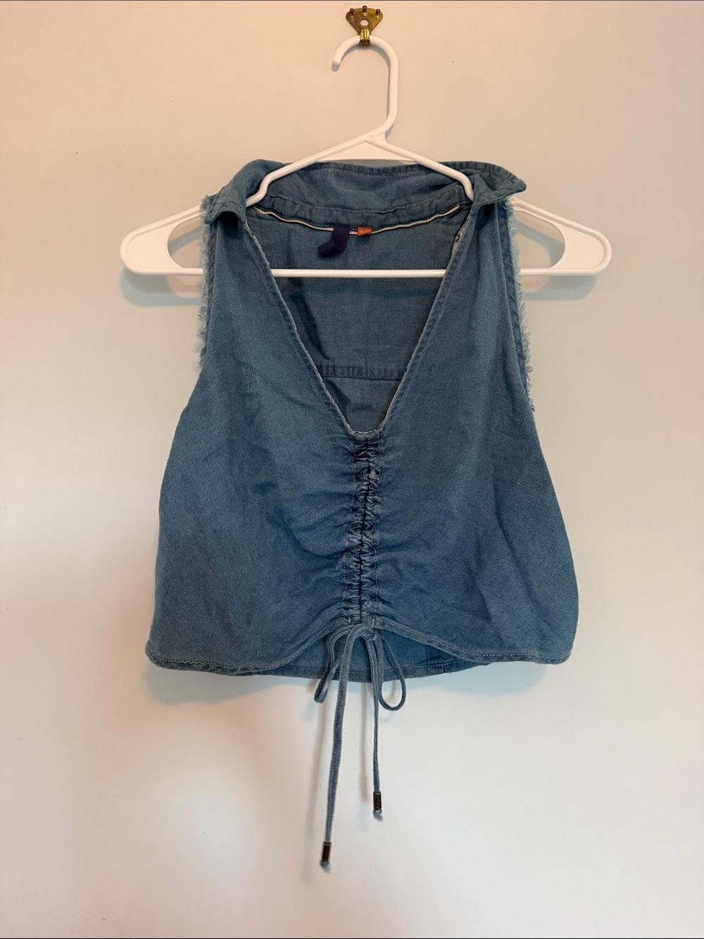 Pilcro Denim V-Neck Drawstring Crop Top - Light Blue